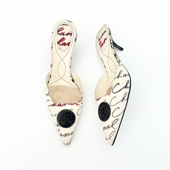 NEW Chanel 2006 Cruise Script Print CC Logo Pointed Toe Kitten Heel Mules 40 - Picture 4 of 10